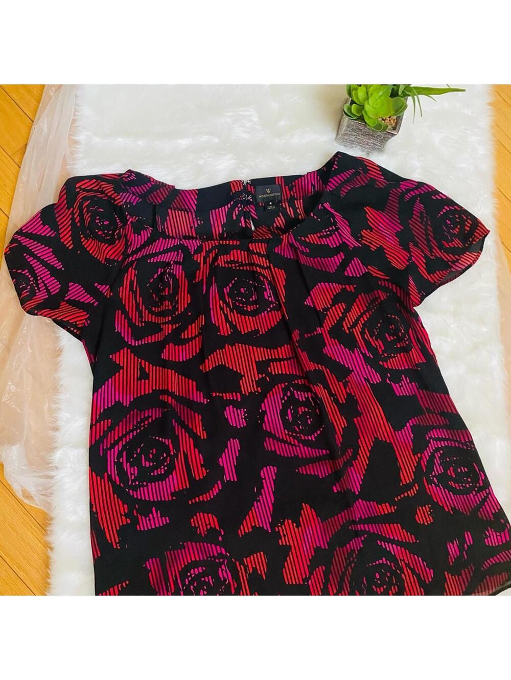 Worthington Women's Black Red Pink Rose Pattern Sheer Top S